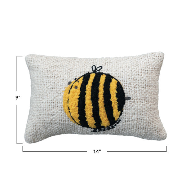 Embroidered Bee Design Woven Cotton Lumbar Pillow